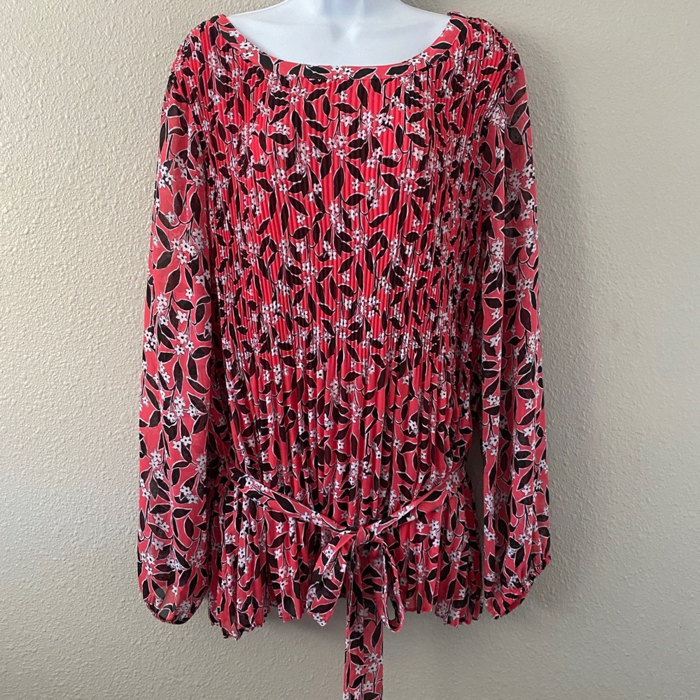 Lane‎ Bryant Pink Pleated Blouse 26/28 Tied Waist Boho Chic Feminine Floral
